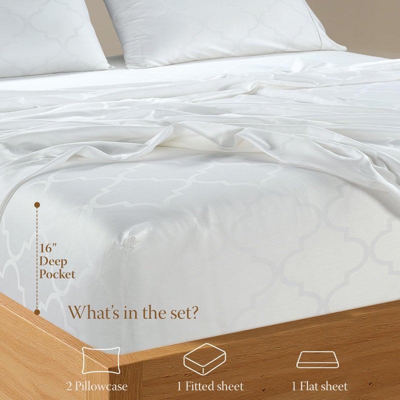 Threadmill 100% Cotton Sheets for King Size Bed | 4 Pc King Bed Sheets Set | Soft, Breathable Lightweight Damask Sateen for All-Season Use | Snug Fit Elastic Deep Pocket King Sheets | White - Image 3